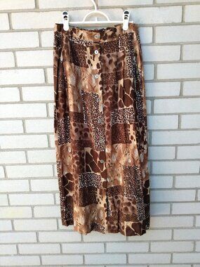 Vintage 80s 90s Skirt Animal Print Size 8 Rayon Button Front Pockets Brown